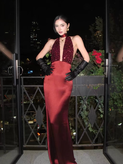 Burgundy Sheath Halter V Neck Sequin Satin Long Prom Dress Evening Dress DP7922