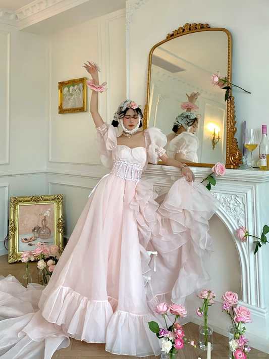 Light Pink Ball Gown Puff Ruffle Chiffon Long Party Dress Birthday Dress with Slit DP2501