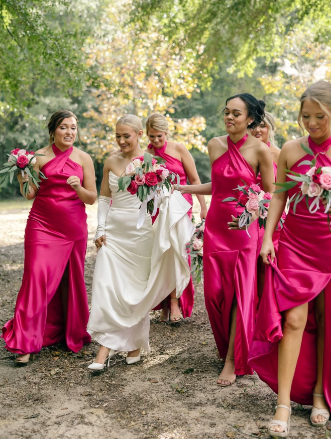 Barbie Pink Mermaid Halter Satin Backless Long Bridesmaid Dress DP4975