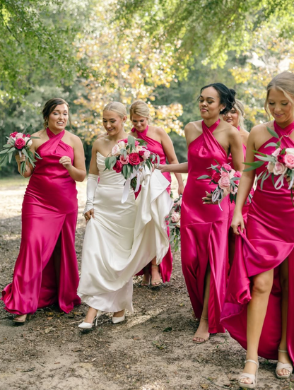Barbie Pink Mermaid Halter Satin Backless Long Bridesmaid Dress DP4975