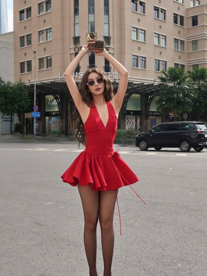 Cute A Line Halter V Neck Red Satin Short Open Back Homecoming Dress Outfits DP1560
