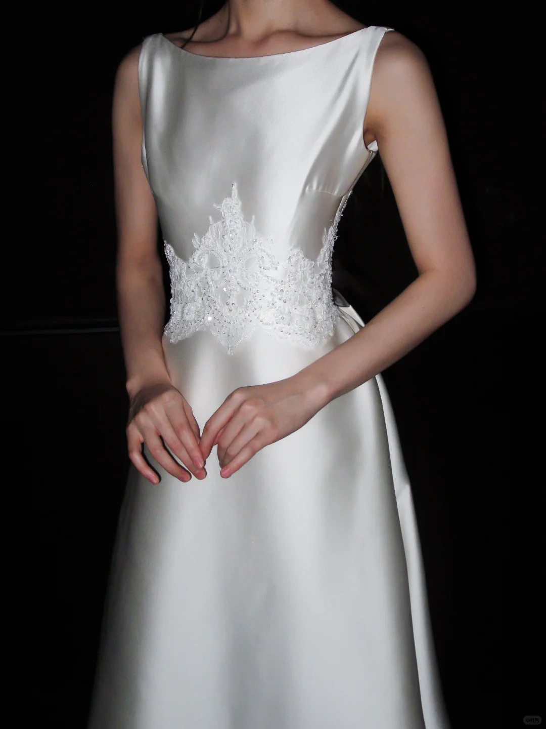 Backless Simple A Line White Beaded Lace Satin Long Wedding Dress DP5791