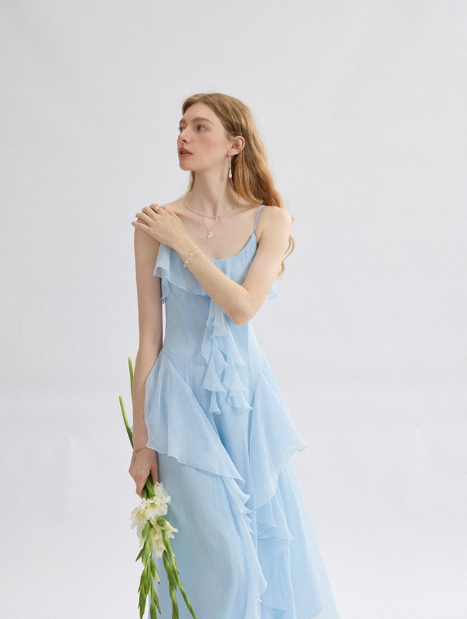 Gentle Baby Blue A Line Spaghetti Strap Ruffle Chiffon Prom Dress Vacation Dress Outfits DP3652