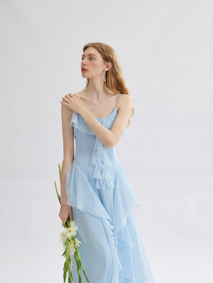 Gentle Baby Blue A Line Spaghetti Strap Ruffle Chiffon Prom Dress Vacation Dress Outfits DP3652