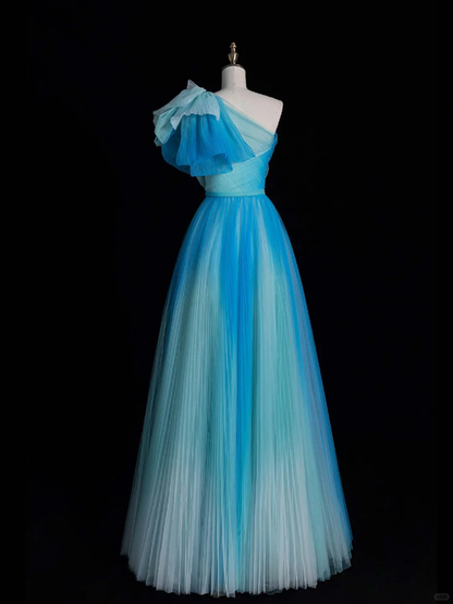 Unique A Line One Shoulder Blue Ombre Tulle Long Prom Dress Evening Dress DP2127