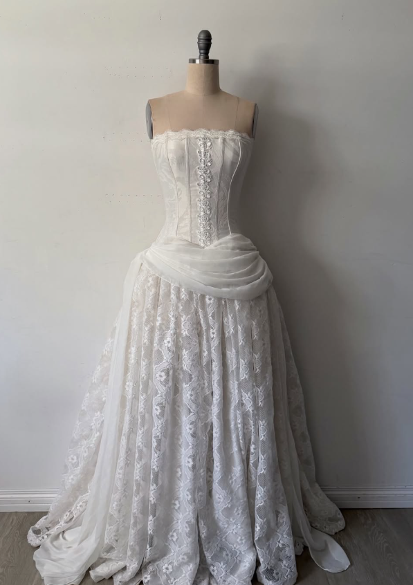 Vintage White A Line Strapless Lace Long Prom Dress Evening Dress DP7882