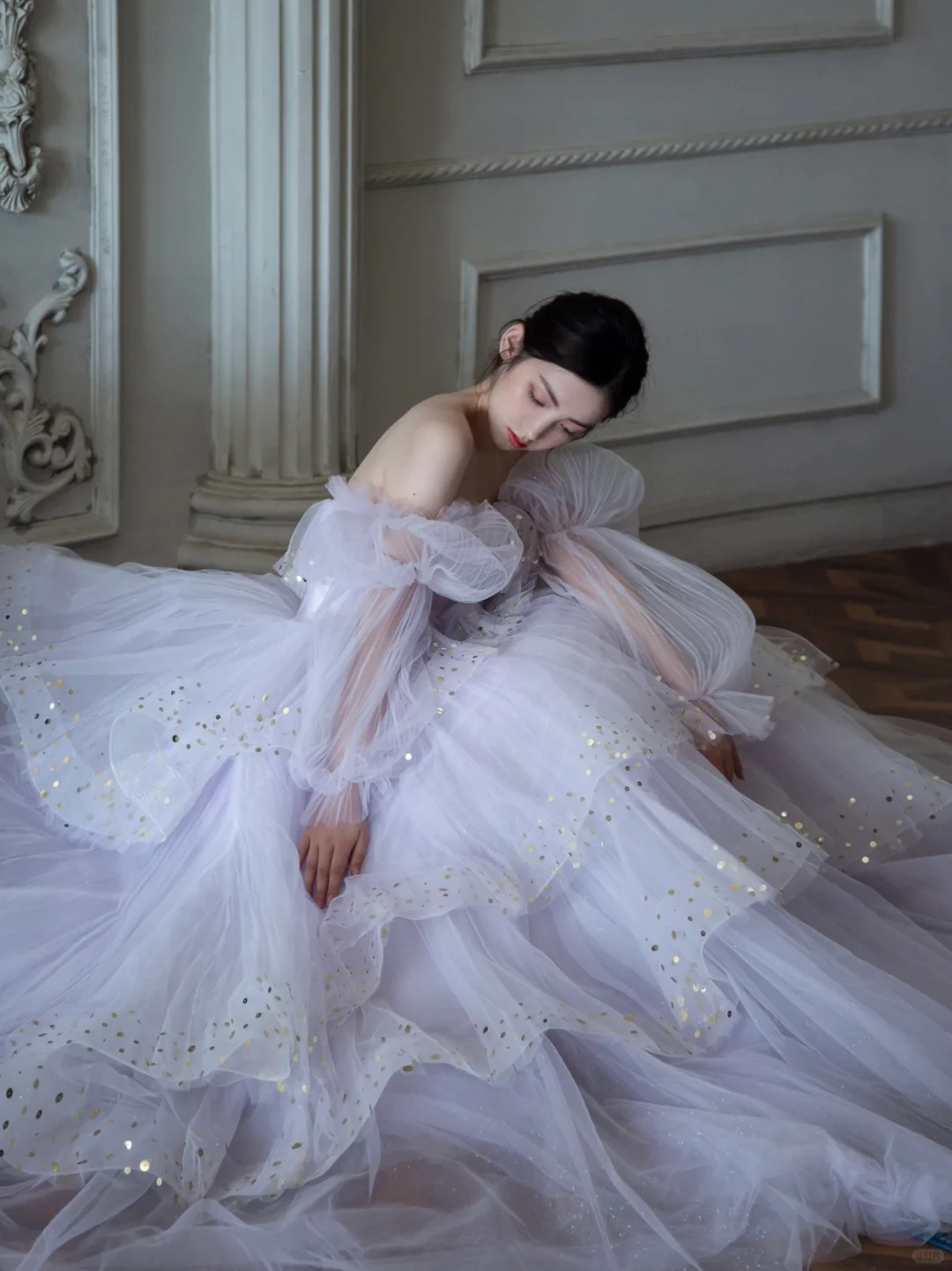 Purple A Line Long Sleeve Layered Sequin Tulle Long Party Dress Evening Dress DP2554