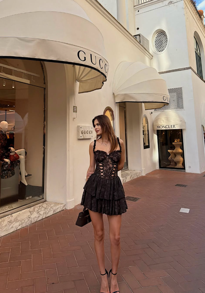 Sexy Black A Line Spaghetti Straps Layered Lace Short Prom Dress Homecoming Dress DP6164