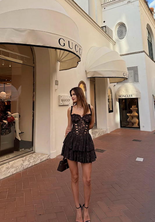 Sexy Black A Line Spaghetti Straps Layered Lace Short Prom Dress Homecoming Dress DP6164