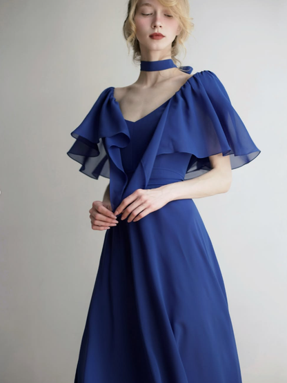 Flowy Royal Blue A Line Long Sleeve Chiffon Prom Dress Evening Dress Formal Dress DP3152