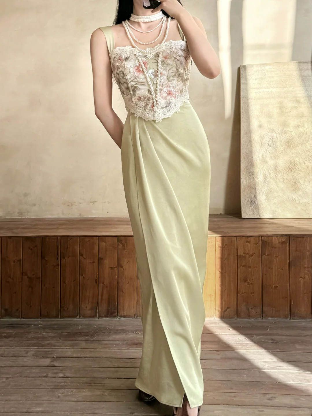 Vintage Sheath Straps Beaded Green Satin Prom Dress Evening Dress DP6458