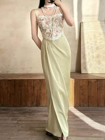 Vintage Sheath Straps Beaded Green Satin Prom Dress Evening Dress DP6458