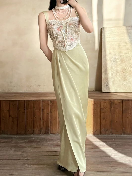 Vintage Sheath Straps Beaded Green Satin Prom Dress Evening Dress DP6458