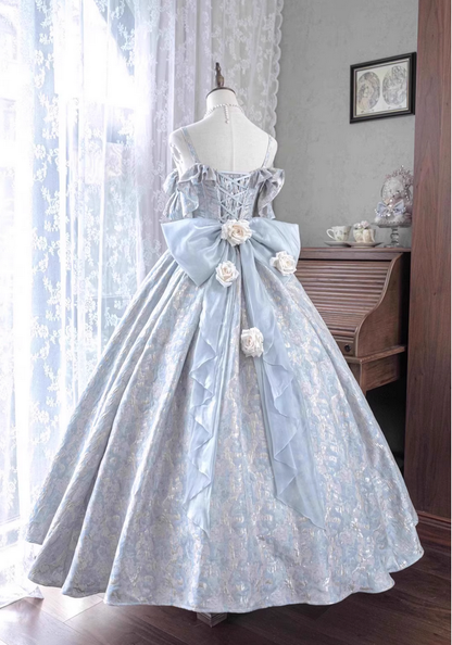 Blue Ball Gown Off the Shoulder Gentle Rose Bow Satin Lolita Goth Boning Dress Prom Dress DP4509