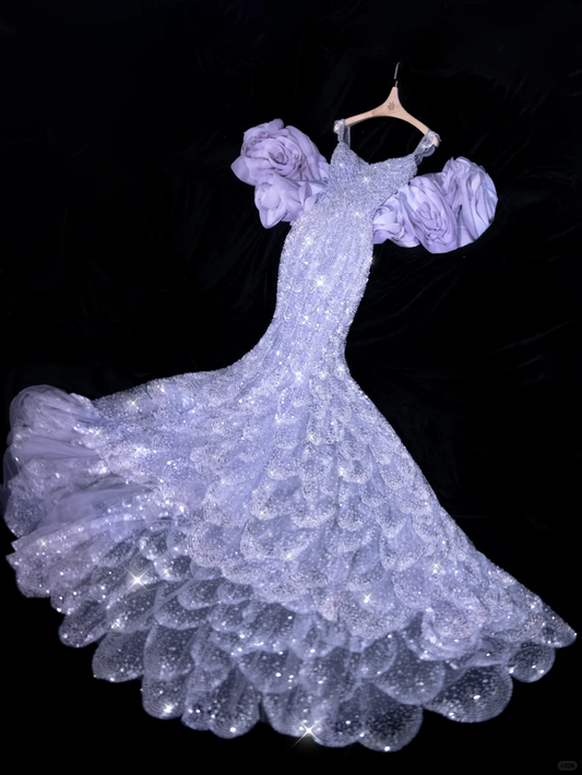 Purple Romantic Mermaid Layered Beaded Floral Tulle Prom Dress Evening Dress Party Dress DP2967