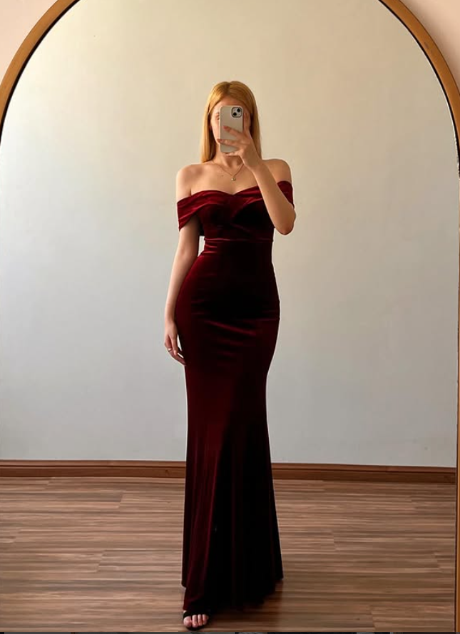 Burgundy Sheath Off the Shoulder Velvet Long Prom Dress Evening Dress DP6499
