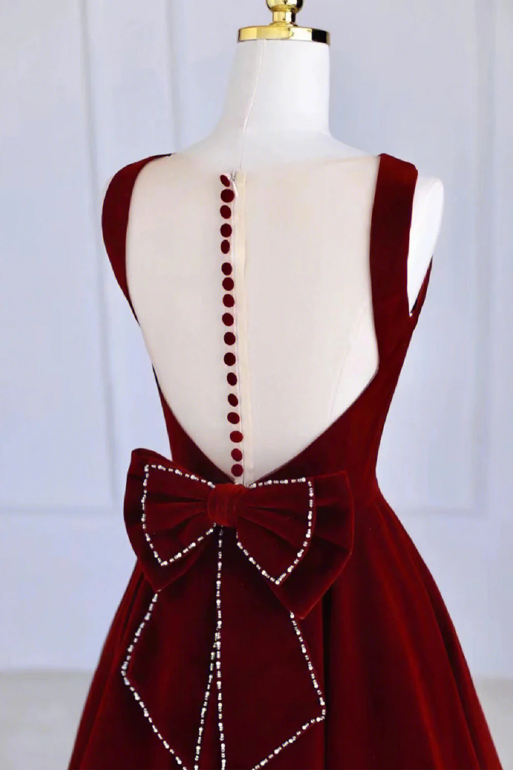 Burgundy Velvet Tea Length Prom Dress A-Line Party Dress DP407