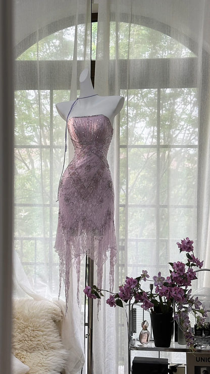 Stunning A Line Strapless Purple Rhinestone Lace Short Homecoming Dress Birthday Dress DP2469