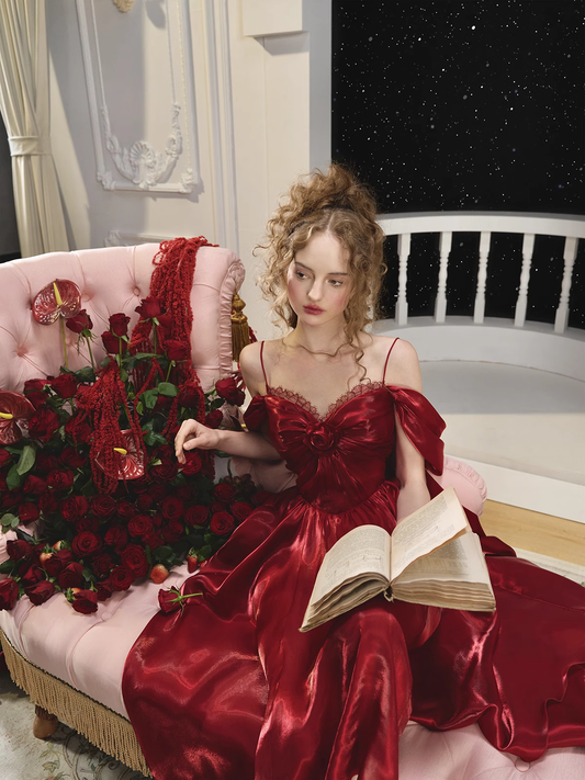 Flowy A Line Off the Shoulder Burgundy Satin Party Dress Evening Dress DP2746