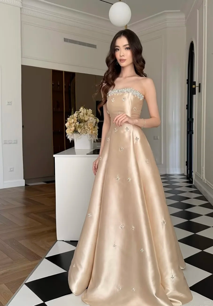 Elegangt Champagne A Line Strapless Exquisite Rhinestone Satin Prom Dress 18th Birthday Dress DP4463