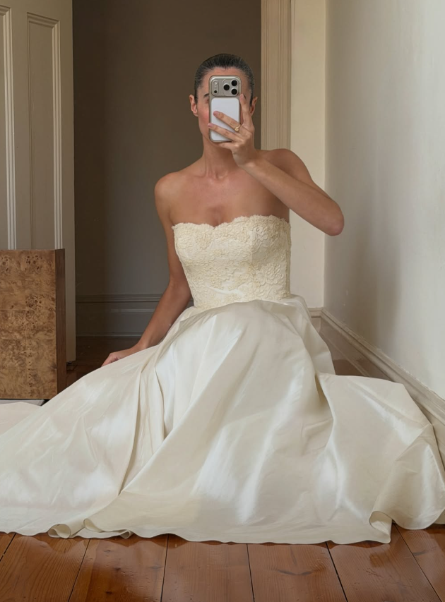 Vintage A Line Strapless Simple Lace Satin Long Wedding Dress DP7697