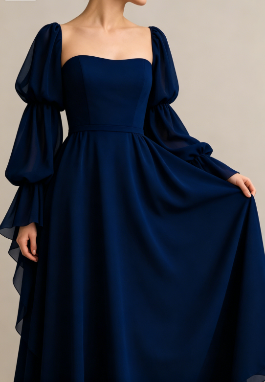 Flowy Elegant Dark Blue Long Sleeve Chiffon Long Party Dress Date Dress DP2932
