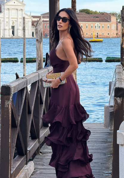 Sexy Sheath Spaghetti Straps Layered Chiffon Long Prom Dress Evening Dress DP5124