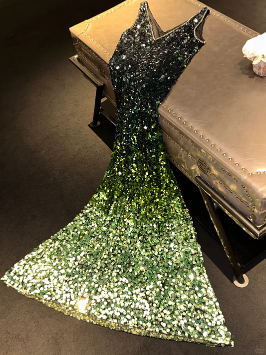 Shiny Green Ombre A Line V Neck Sequin Long Prom Dress Evening Dress DP1960