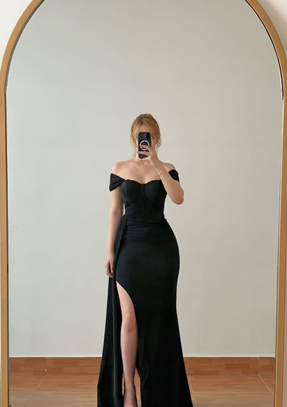 Sexy Black Mermaid Off the Shoulder Corset Satin Slit Long Prom Dress Evening Dress DP6434
