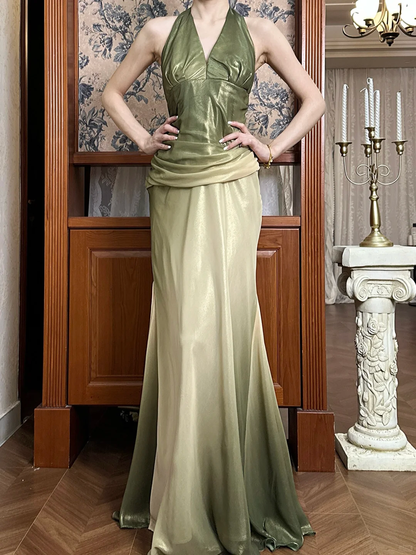Vintage Green Ombre Mermaid Halter Chiffon Open Back Prom Dress DP4824