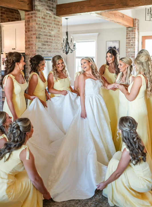 Stunning Yellow Bow A Line Straps Chiffon Long Bridesmaid Dress DP4977
