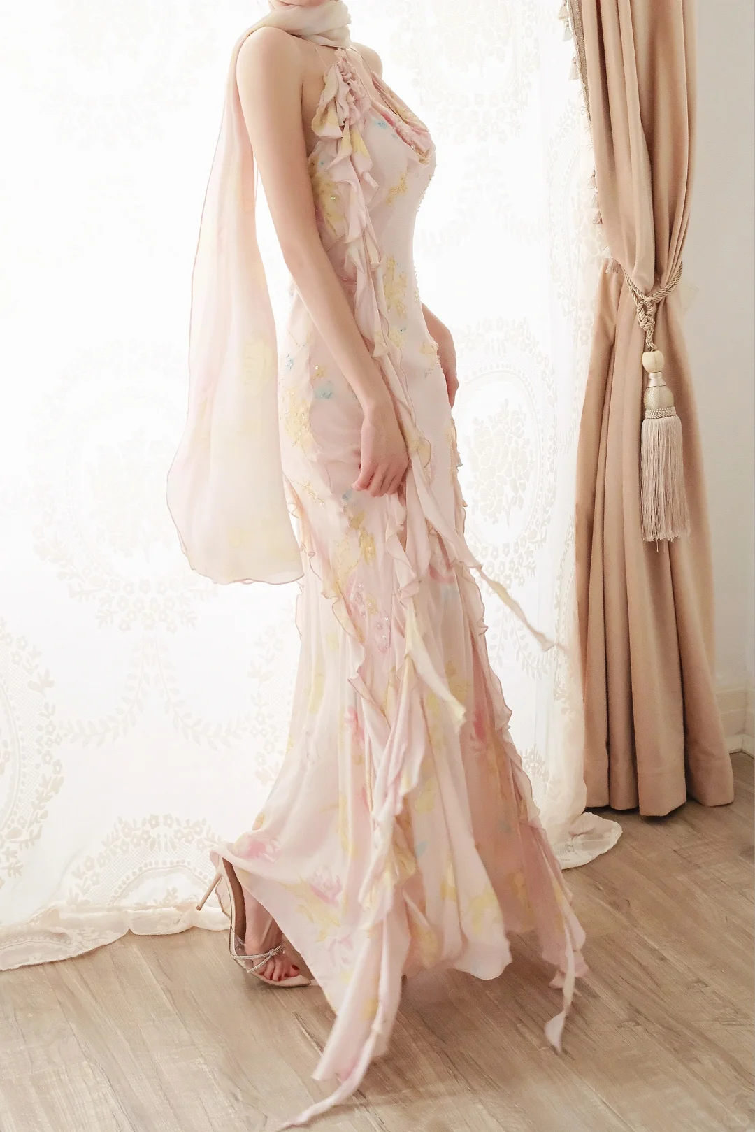 Vintage Mermaid Spaghetti Strap Beaded Light Pink Chiffon Prom Dress Evening Dress DP8259