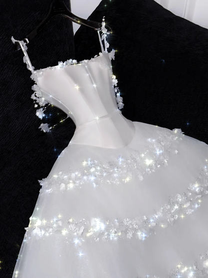 Fairy A Line Spaghetti Strap Flower White Satin Tulle Party Dress Prom Dress DP2565