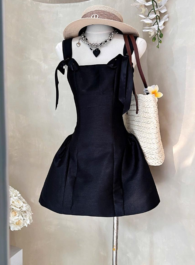 Black Bow A Line Spaghetti Straps Satin Short Homecoming Dress Cocktail Dress DP3945
