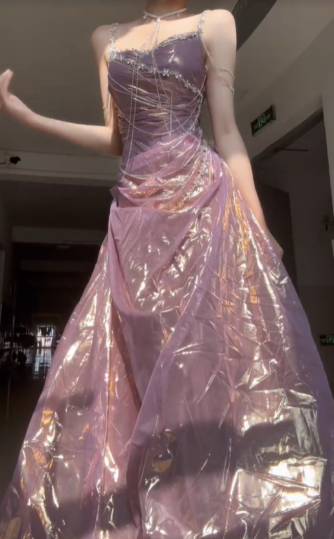 Purple Shiny A Line Spaghetti Strap Beaded Satin Prom Dress Graduation Ball Gown DP4569