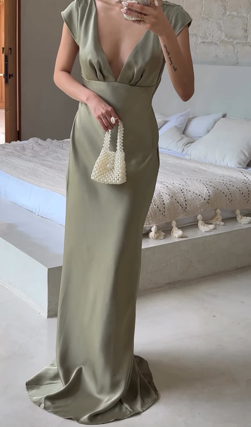 Elegant Sage Green Sheath V Neck Satin Long Prom Dress Party Dress DP4900