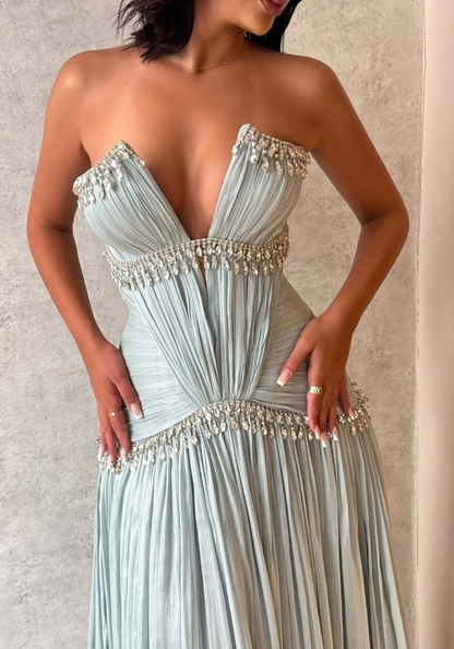 Baby Blue A Line  V Neck Rhinestone Satin Long Prom Dress Wedding Guest Dress DP4321