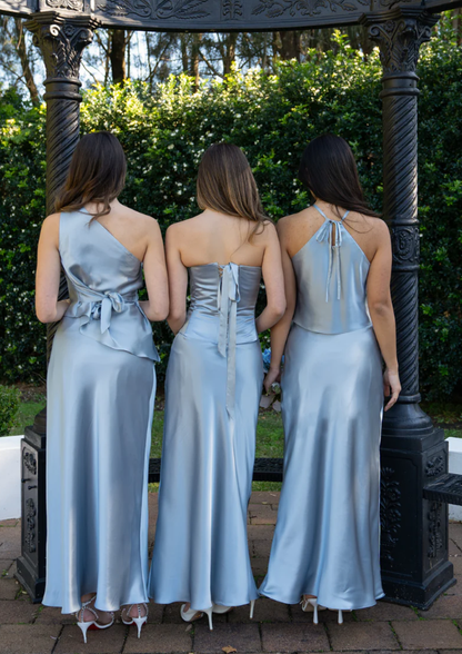 Chambray Blue Elegant A Line Halter Satin Backless Bridesmaid Dress DP4973