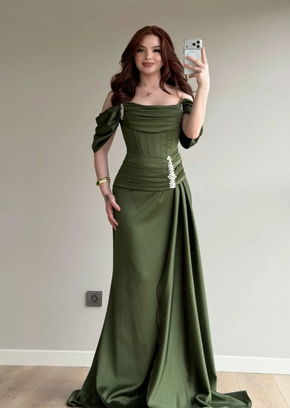 Elegant Olive Green A Line Off the Shoulder Satin Prom Dress Date Dress DP5089