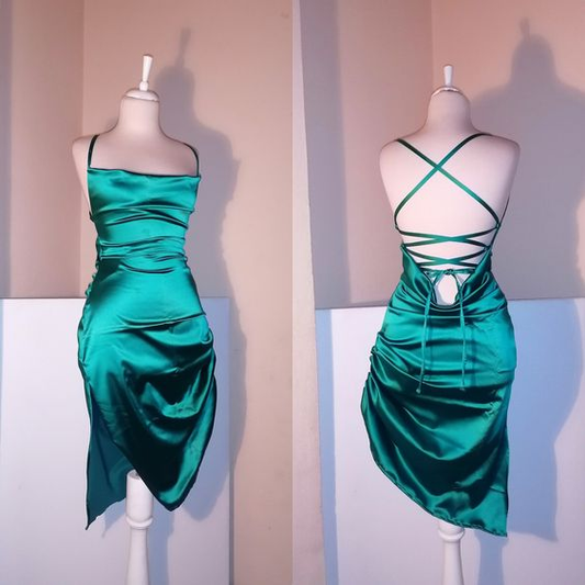 Emerald Green Satin Backless Sexy Homecoming Dress Mini Prom Dress DP507