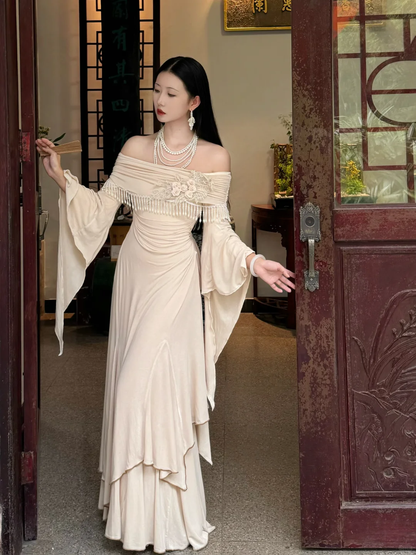 Vintage A Line Long Sleeve Beaded Apricot Satin Long Prom Dress Evening Dress DP6465