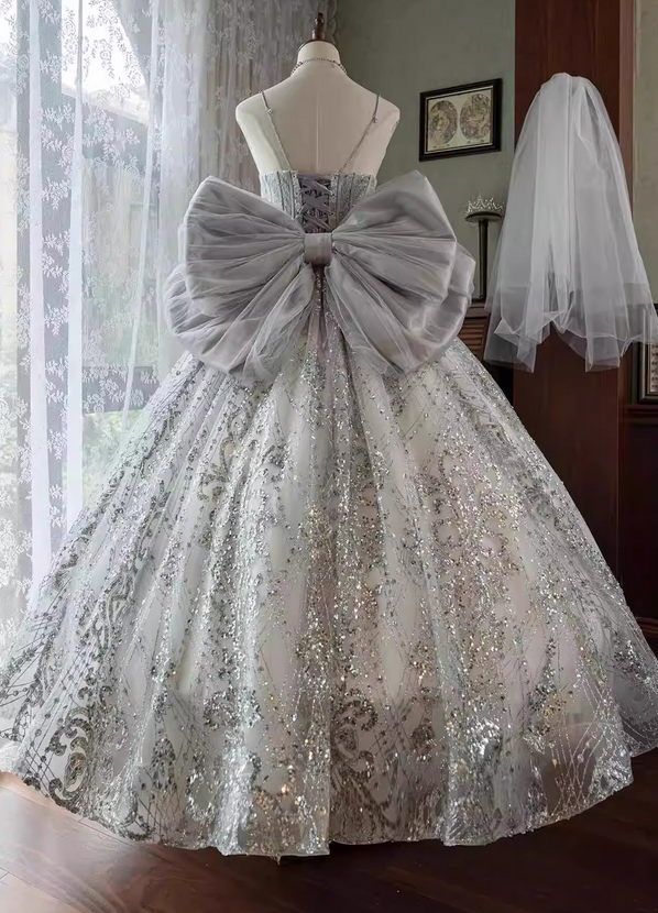 Silver Ball Gown Spaghetti Straps Beaded Sequin Tulle Lolita Goth Boning Dress Prom Dress DP4507