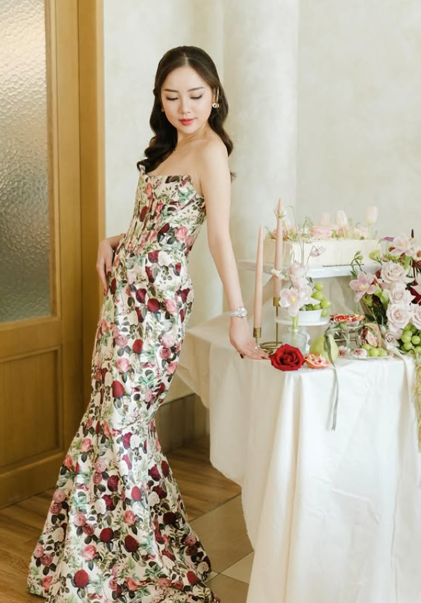 Vintage Mermaid Strapless Print Floral Satin Prom Dress Outfits DP4378