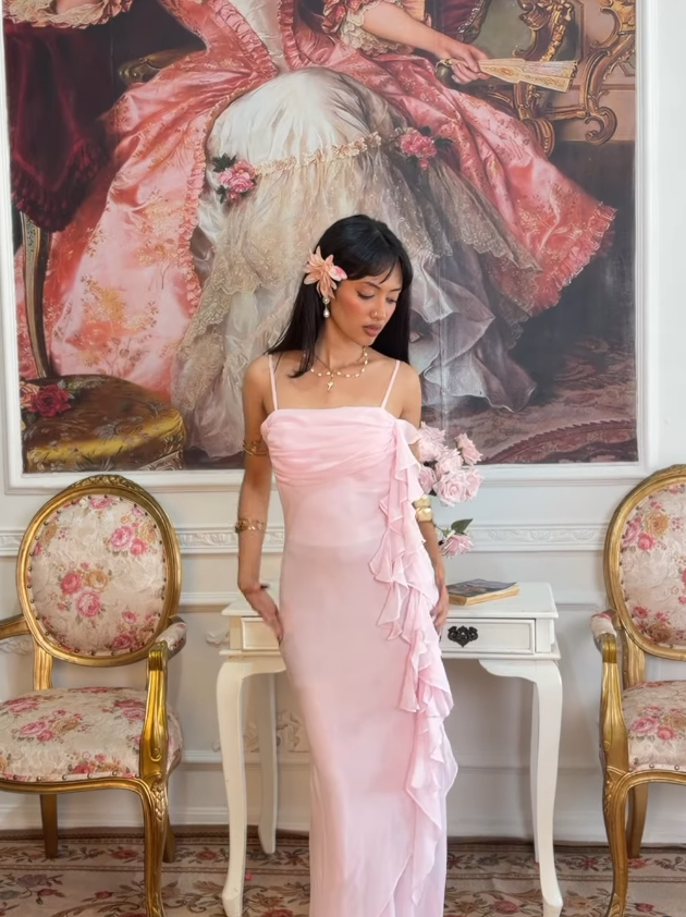 Pink Sheath Straps Ruffle Chiffon Long Prom Dress Evening Dress DP5126