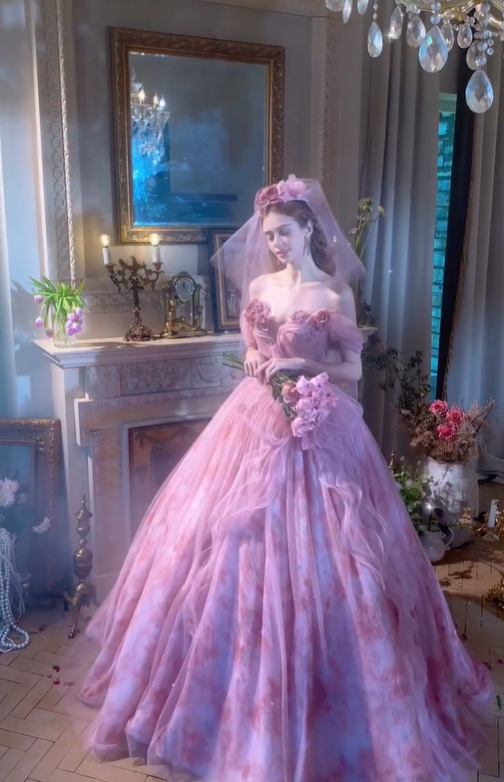 Sweety Purple Ball Gown Off the Shoulder Print Floral Tulle Long Prom Dress DP4608