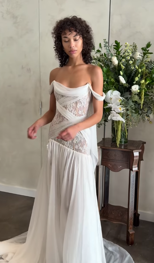 A Line Off the Shoulder White Chiffon Lace Long Wedding Dress with Slit DP4330