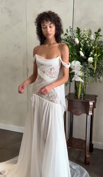 A Line Off the Shoulder White Chiffon Lace Long Wedding Dress with Slit DP4330