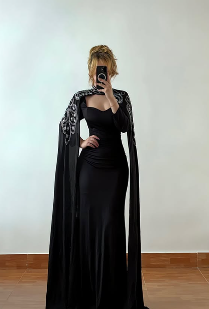 Elegant Black A Line Long Sleeve Beaded Satin Prom Dress Evening Dress DP6423