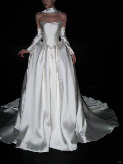 Elegant Ball Gown Strapless White Satin Long Train Wedding Dress DP8086