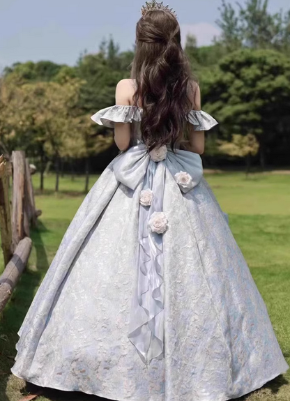 Blue Ball Gown Off the Shoulder Gentle Rose Bow Satin Lolita Goth Boning Dress Prom Dress DP4509